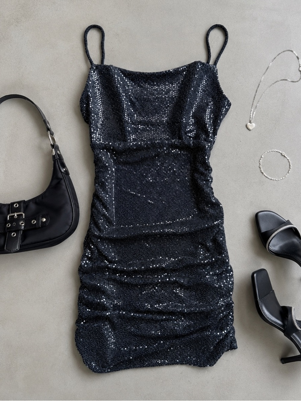 Black Glitter Ruched Bodycon Mini Dress Small Y2K Halloween Party Club